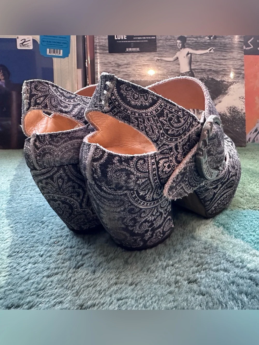 Fluevog Prepare Guide dark gray paisley suede platform slingback -7.5 (fits 7)